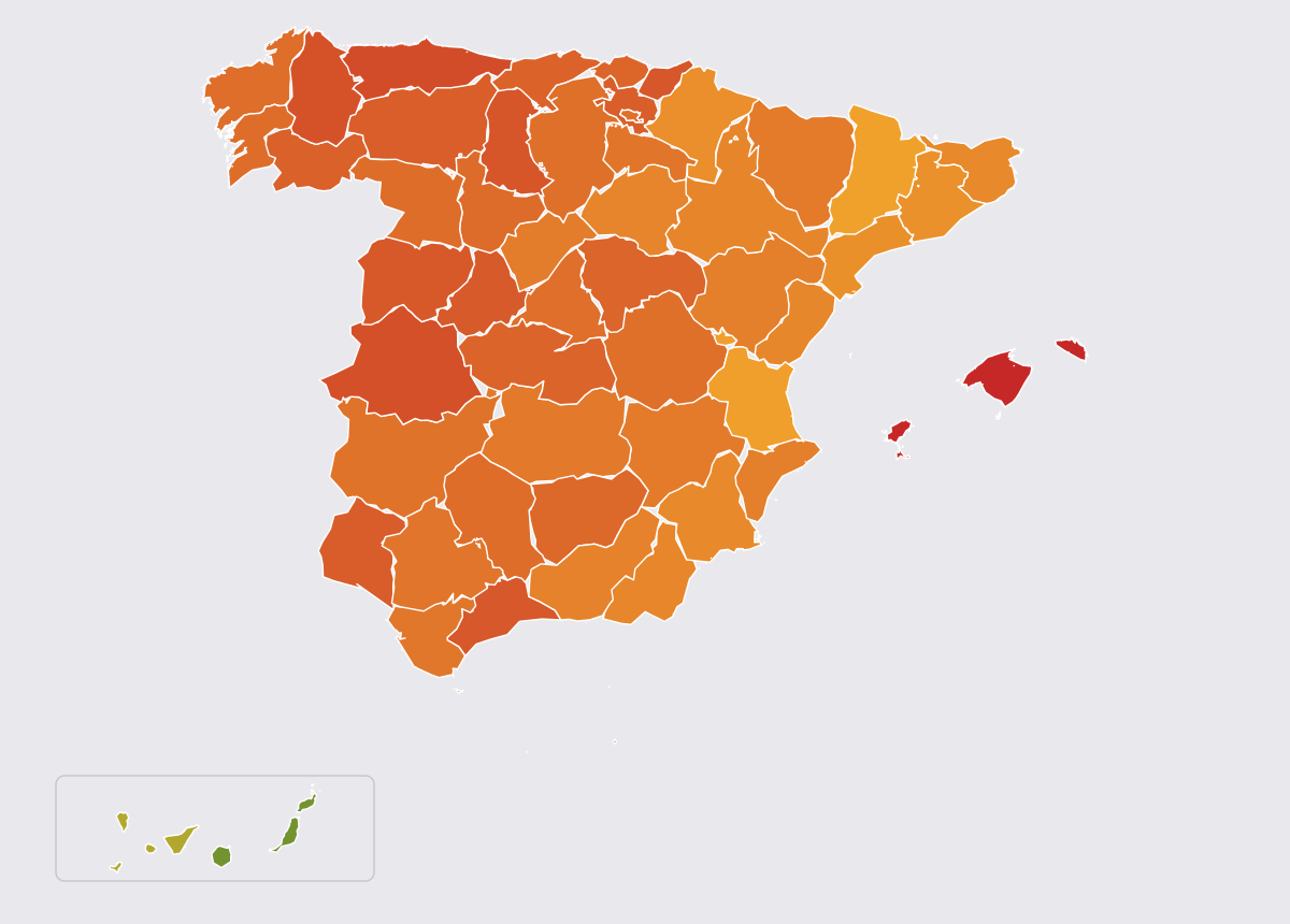 Mapa de España coloreado por precio medio de diésel a en cada provincia, de verde (más barato) a rojo (más caro)