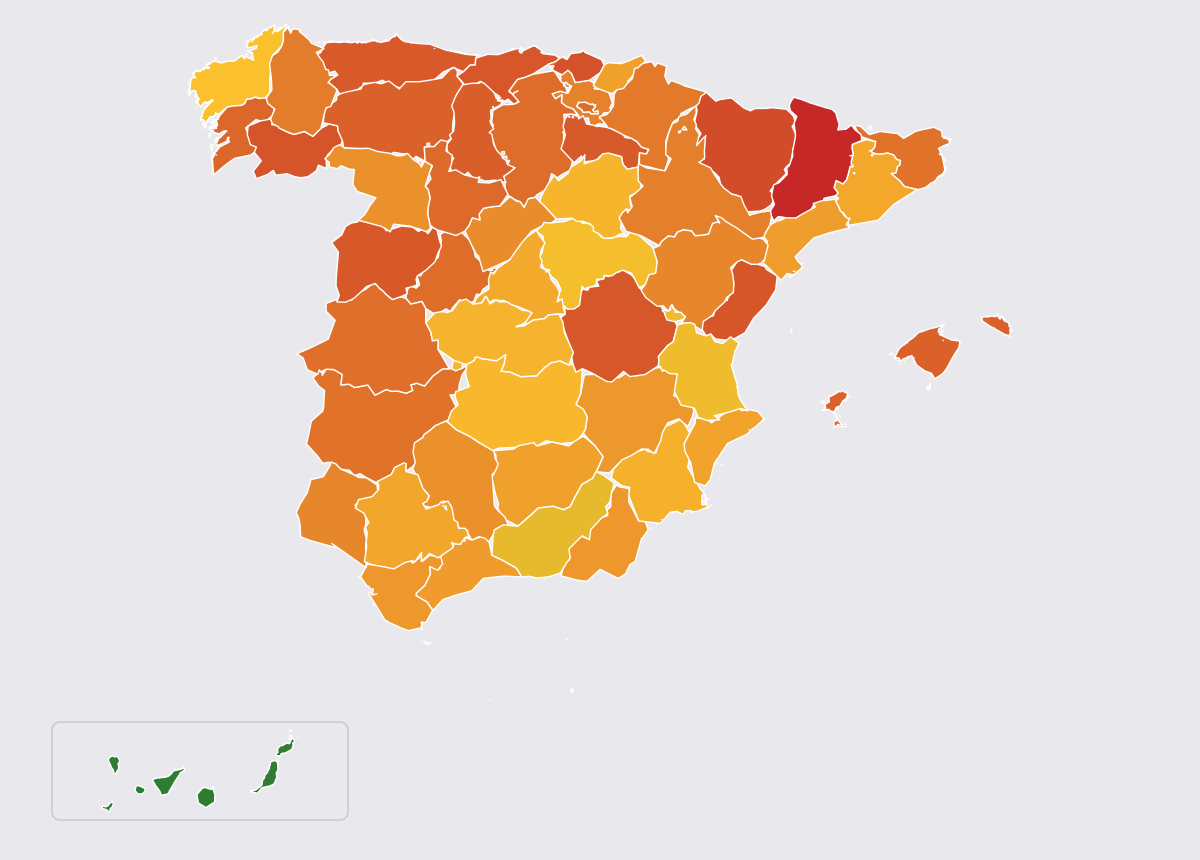 Mapa de España coloreado por precio medio de glp en cada provincia, de verde (más barato) a rojo (más caro)