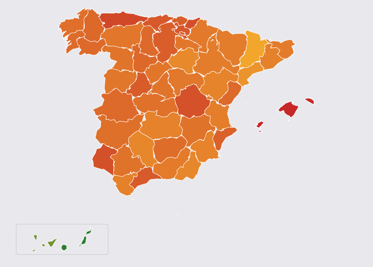 Mapa de España coloreado por precio medio de gasolina 95 en cada provincia, de verde (más barato) a rojo (más caro)
